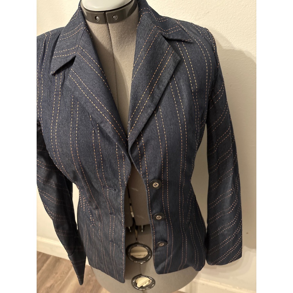 Classiques Entier Denim Pinstripe Blazer Jacket Dark Wash copper Stitching 6